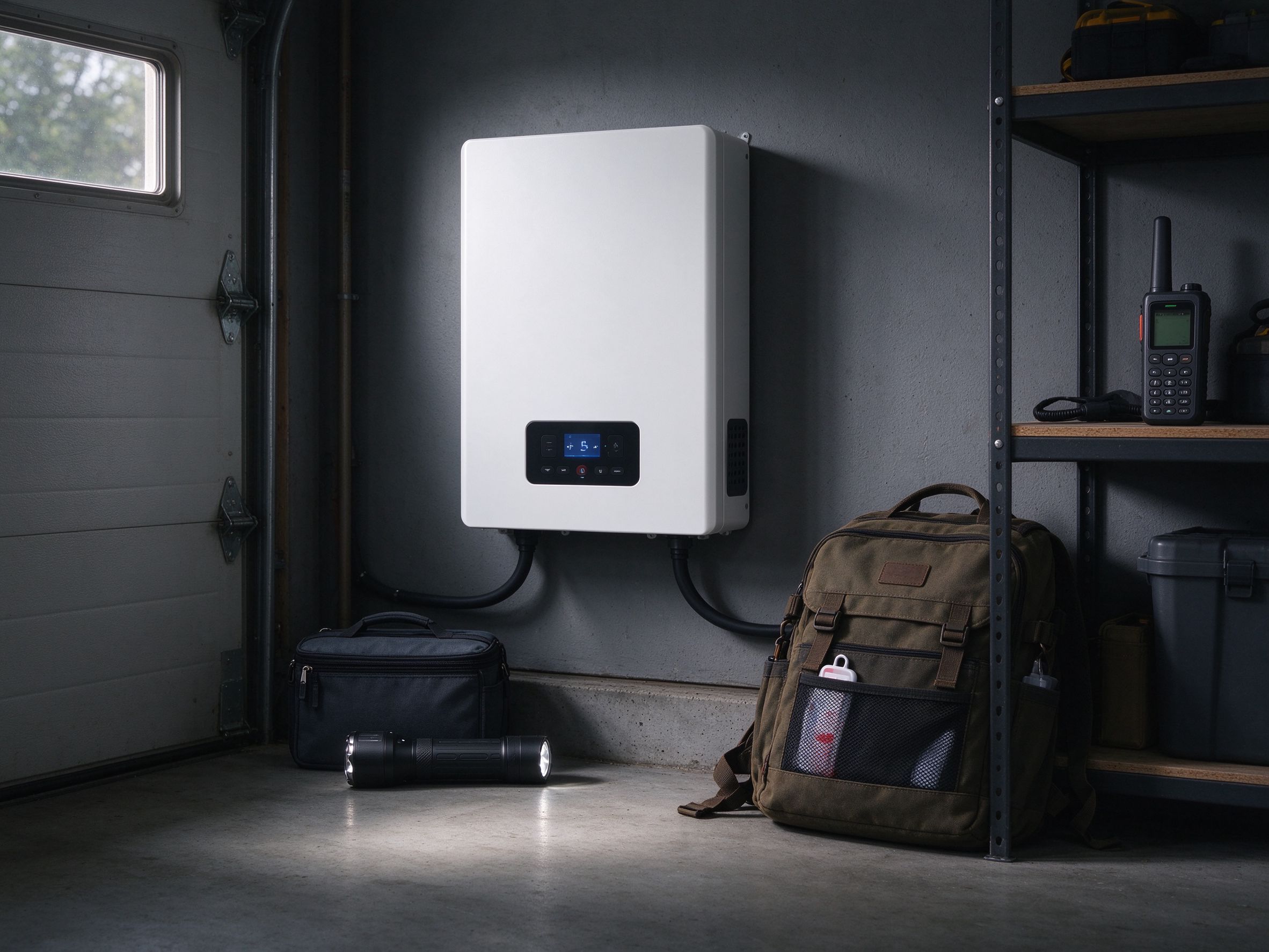 Wall-mounted energy storage unit in a garage with emergency go-bag, flashlight and satellite phone on a shelf