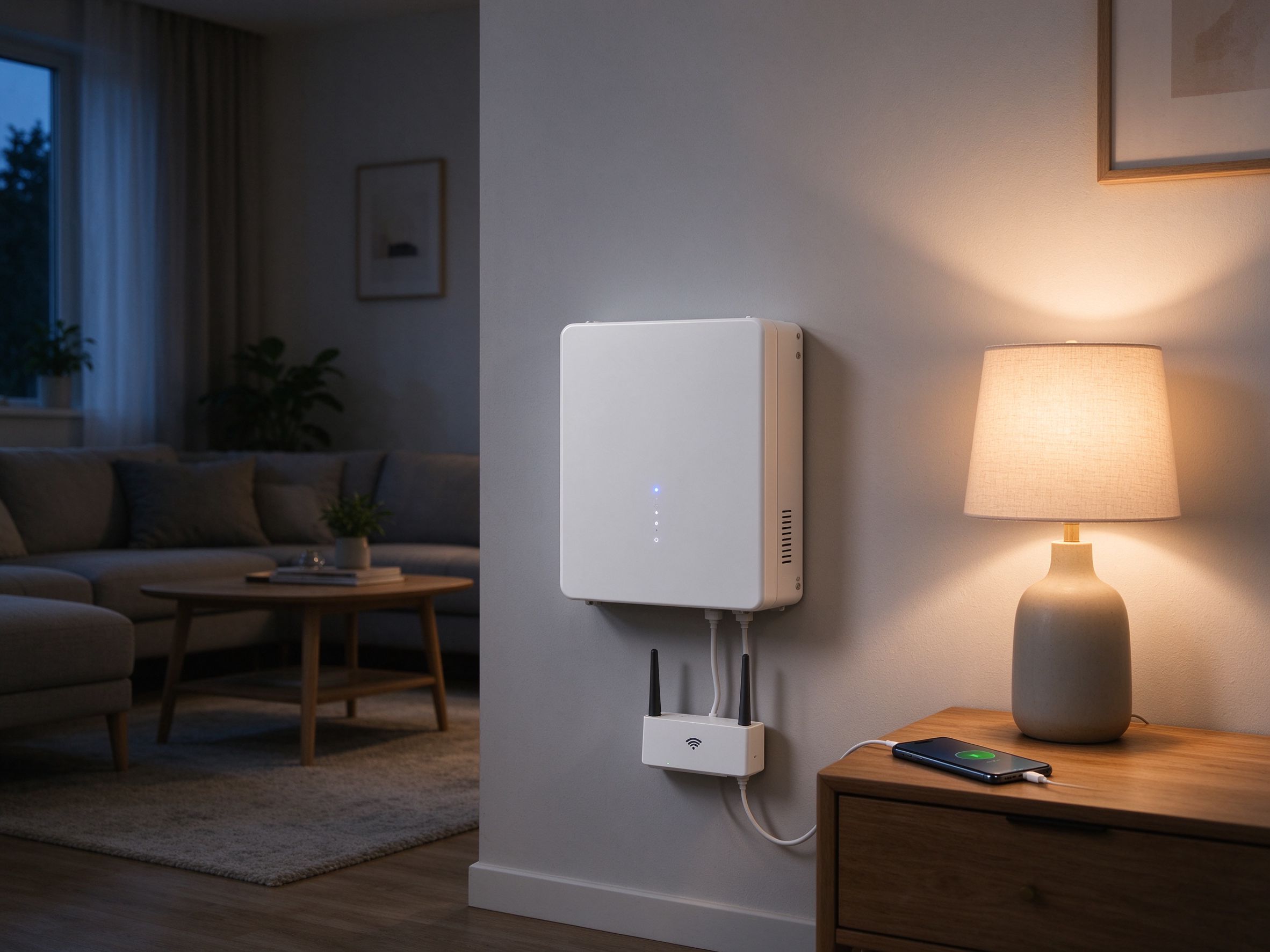Wall-mounted energy storage unit powering a Wi-Fi router and lamp in a cozy living room during an outage