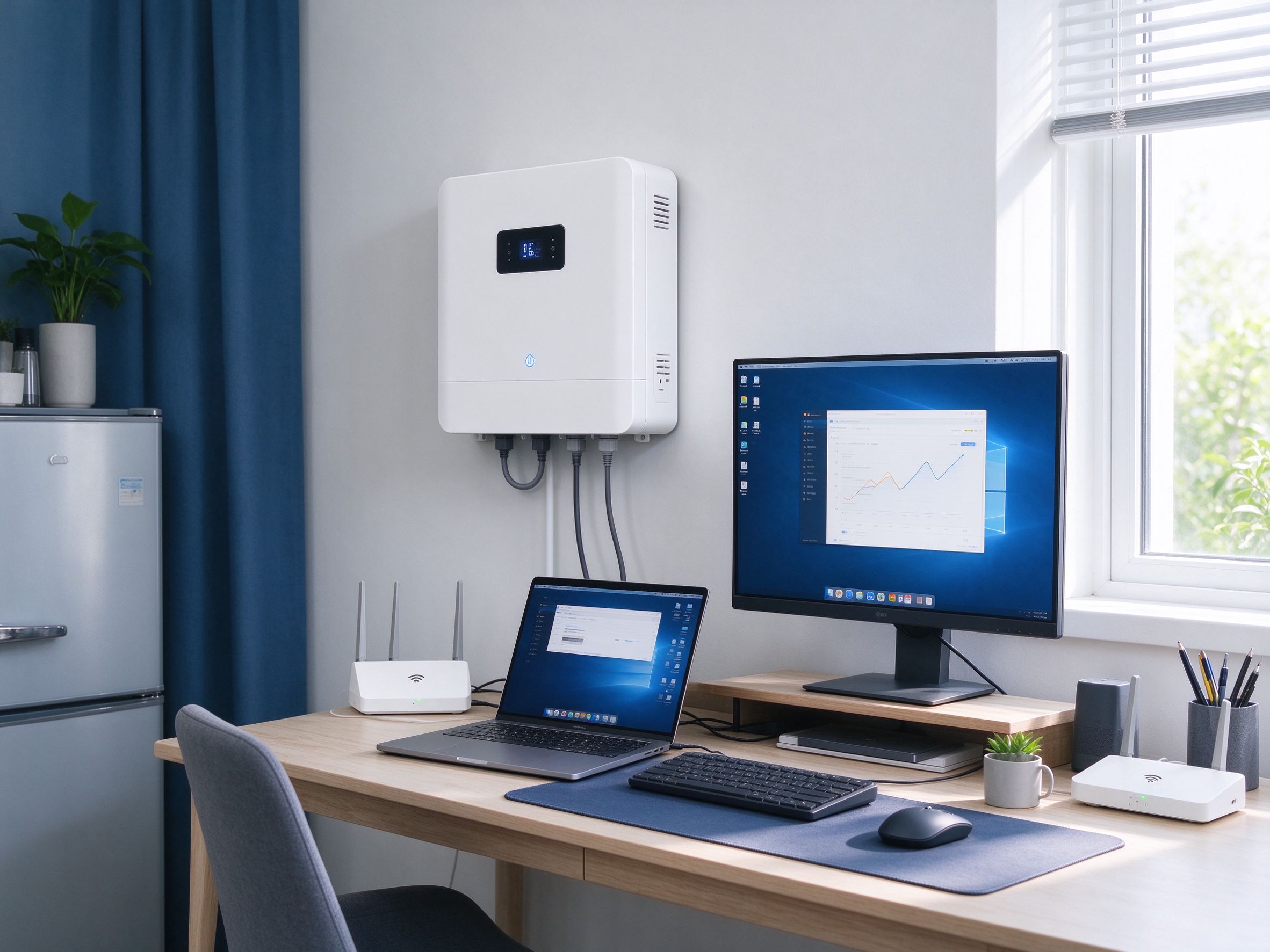 Home office desk with laptop, monitor and router all powered by a wall-mounted energy storage unit
