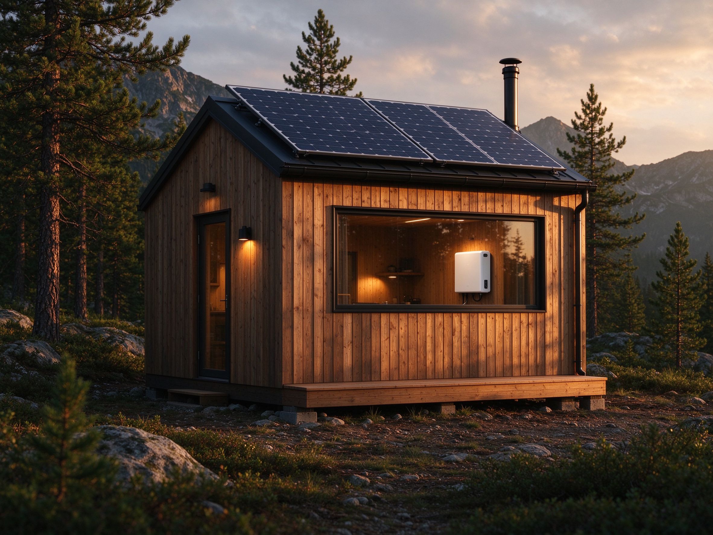 Modern wooden off-grid cabin with solar panels on the roof in a mountain forest at sunset