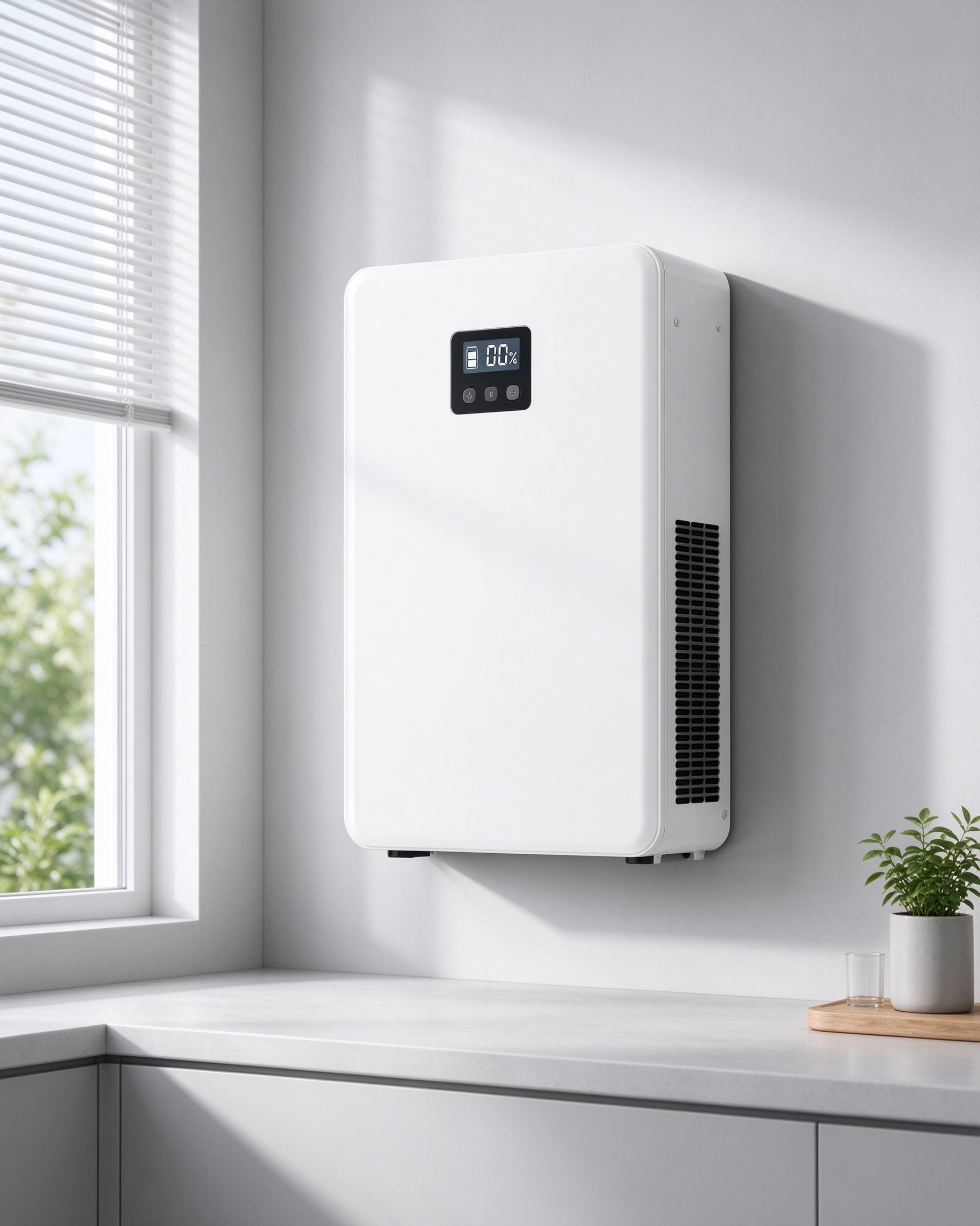 RES 500W/1000W wall-mounted home energy storage battery with LCD display, installed on a light gray wall in a bright modern room